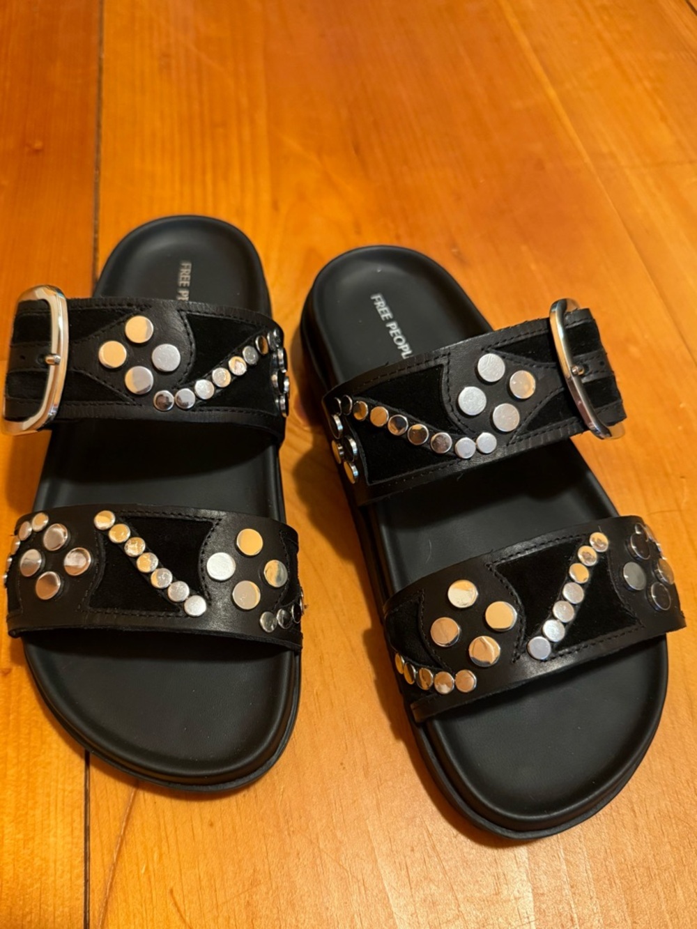 Free People Black Studded Double-Strap Slide Sandals with Silver Accents